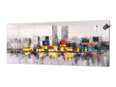 Toughened printed glass backsplash - Wide format steel coated wall glass backsplash: New York landscape oil painting