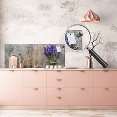 Toughened printed glass backsplash - Wide format steel coated wall glass backsplash: Lavender flowers on wood