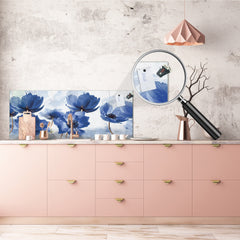 Toughened printed glass backsplash - Wide format steel coated wall glass backsplash: Blue flowers in abstract