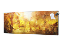 Toughened printed glass backsplash - Wide format steel coated wall glass backsplash: Abstract yellow forest