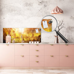 Toughened printed glass backsplash - Wide format steel coated wall glass backsplash: Abstract yellow forest