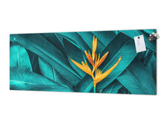 Toughened printed glass backsplash - Wide format steel coated wall glass backsplash: Dark tropical foliage with orange flower