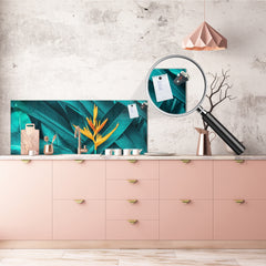 Toughened printed glass backsplash - Wide format steel coated wall glass backsplash: Dark tropical foliage with orange flower