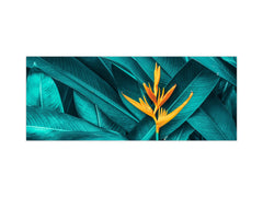 Toughened printed glass backsplash - Wide format steel coated wall glass backsplash: Dark tropical foliage with orange flower