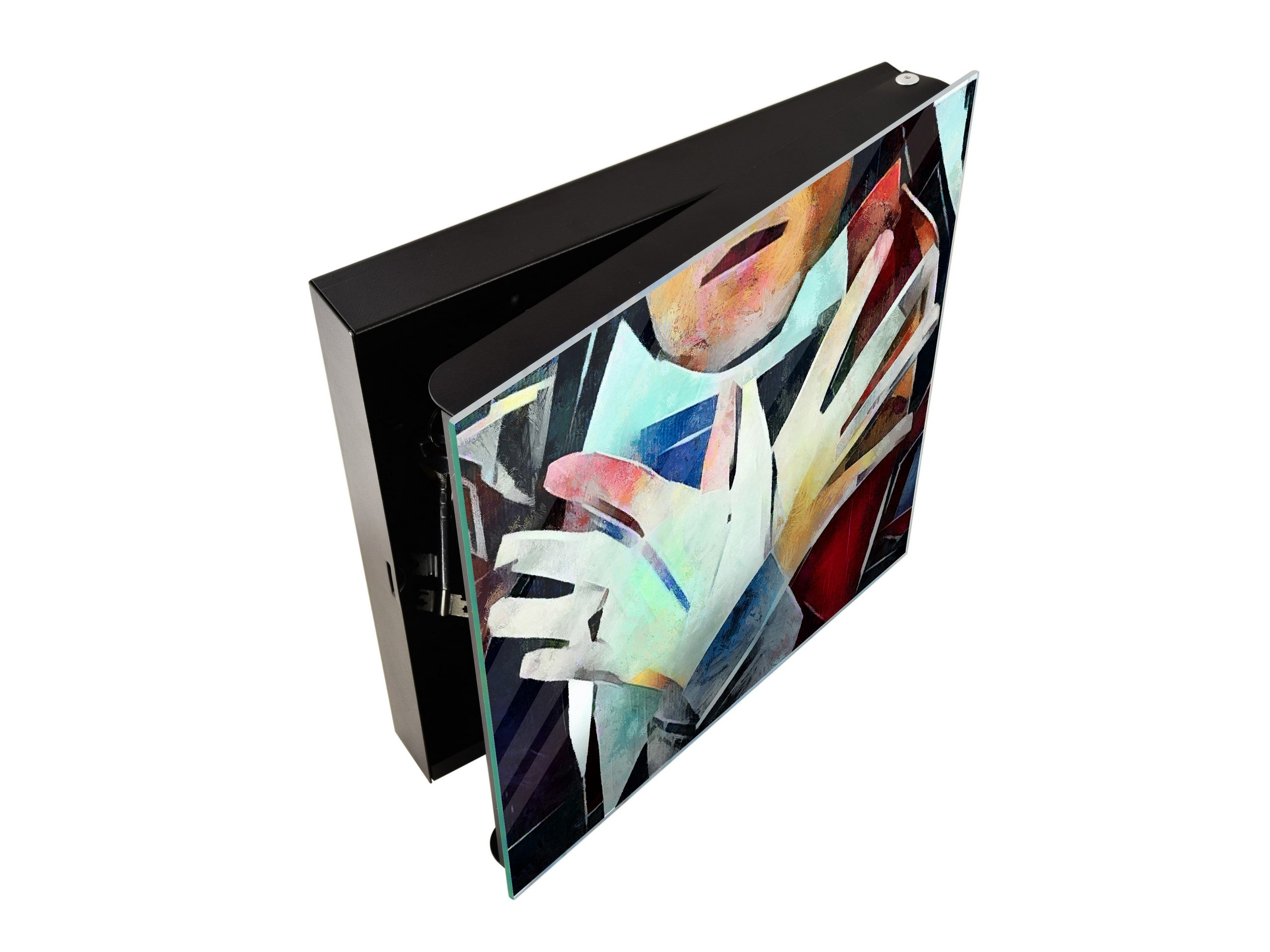 Decorative Key Box with Magnetic Glass Whiteboard – Stylish Home Organizer –Multi-Functional Key Cabinet with Glass Markerboard – Wall Organizer for Home & Office - KN23 Abstract Concepts Series 2 : Cubist Gestures