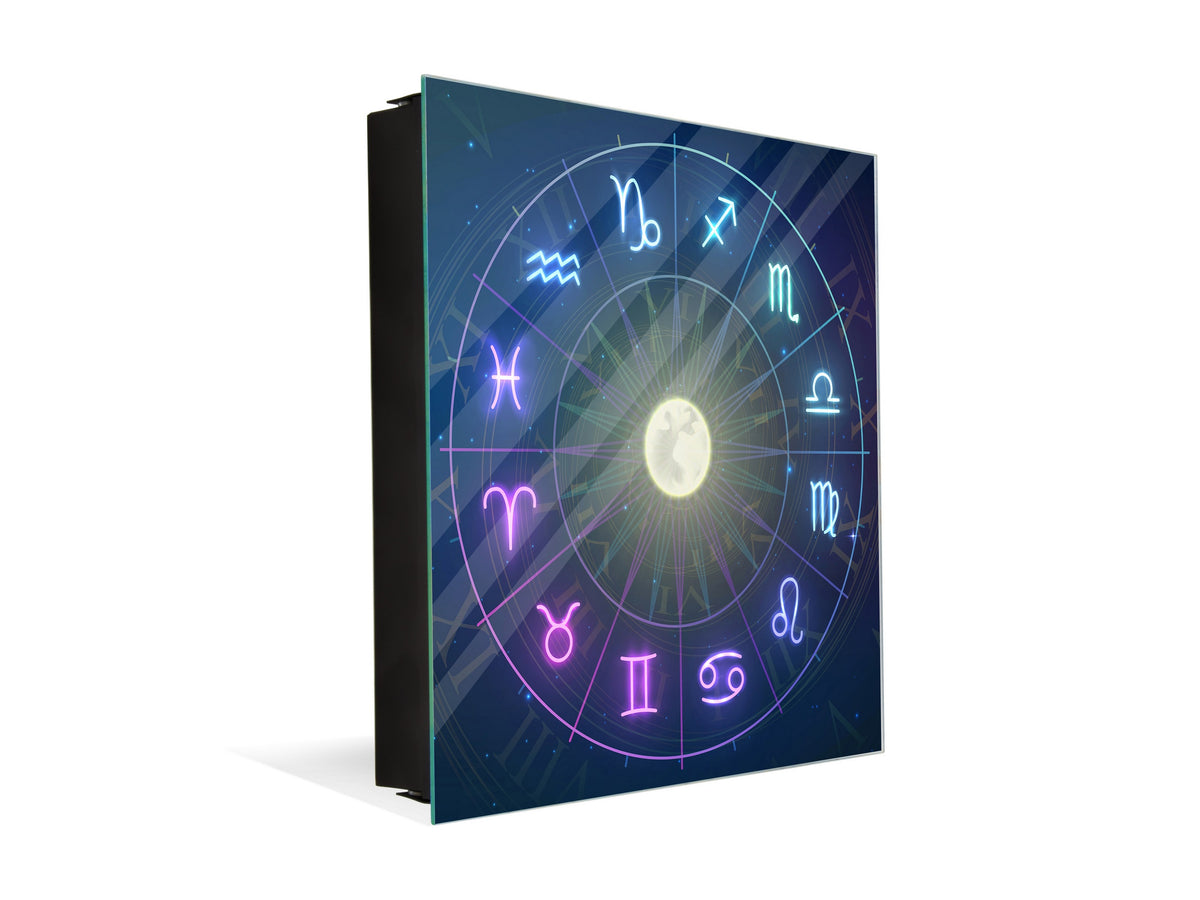 Key Cabinet with Glass Dry-Erase Board – Elegant Key Storage for Home, Office & Airbnb – Magnetic Glass Whiteboard & Key Holder – KN22 Modern Art Series : Circle of Zodiac