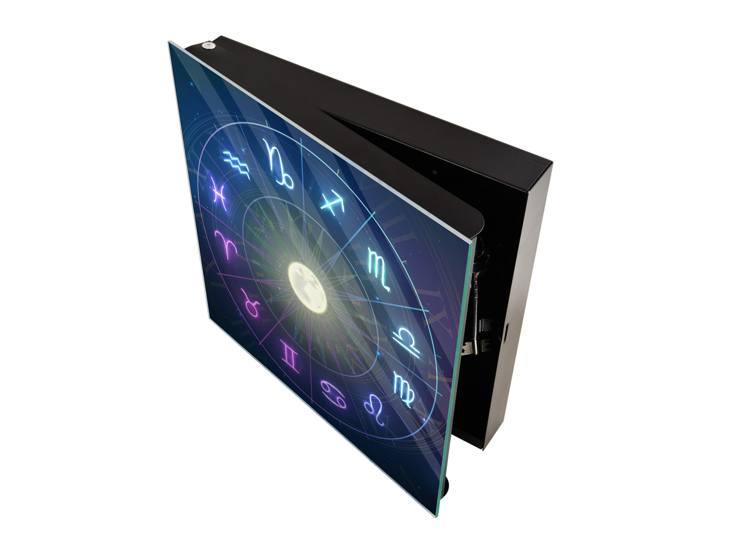Key Cabinet with Glass Dry-Erase Board – Elegant Key Storage for Home, Office & Airbnb – Magnetic Glass Whiteboard & Key Holder – KN22 Modern Art Series : Circle of Zodiac