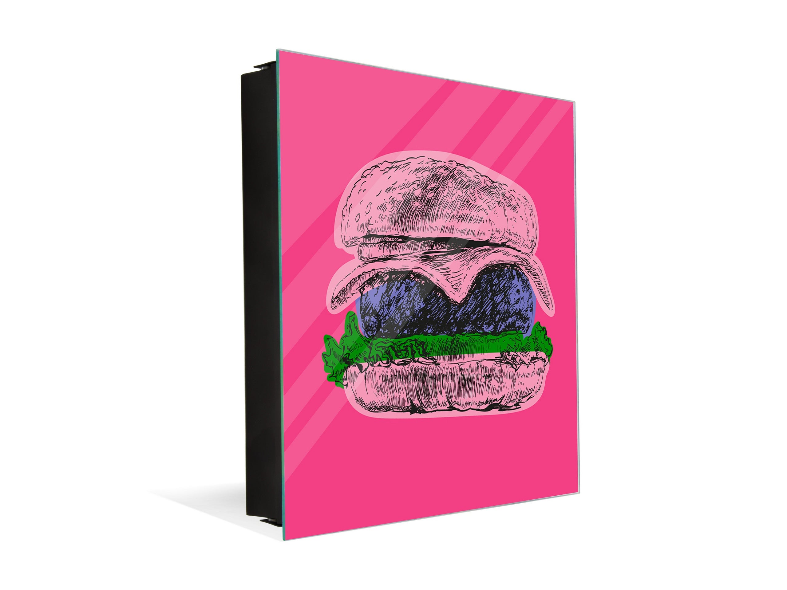 Key Storage Box with Magnetic Glass Whiteboard – Sleek Wall-Mounted Organizer – Magnetic Dry-Erase Key Holder – Decorative Key Organizer for Entryways & Offices – KN24 Pop Art Series : Pop Art Burger 1