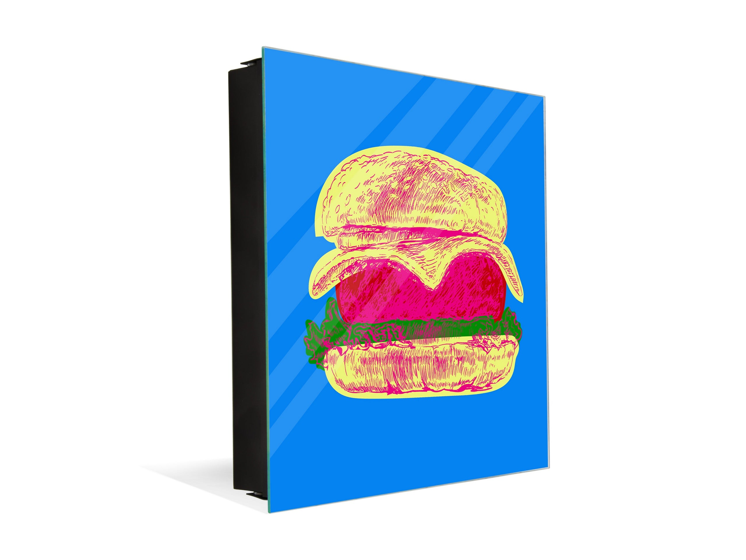 Key Storage Box with Magnetic Glass Whiteboard – Sleek Wall-Mounted Organizer – Magnetic Dry-Erase Key Holder – Decorative Key Organizer for Entryways & Offices – KN24 Pop Art Series : Pop Art Burger 2