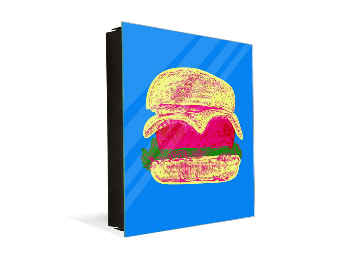 Key Storage Box with Magnetic Glass Whiteboard – Sleek Wall-Mounted Organizer – Magnetic Dry-Erase Key Holder – Decorative Key Organizer for Entryways & Offices – KN24 Pop Art Series : Pop Art Burger 2