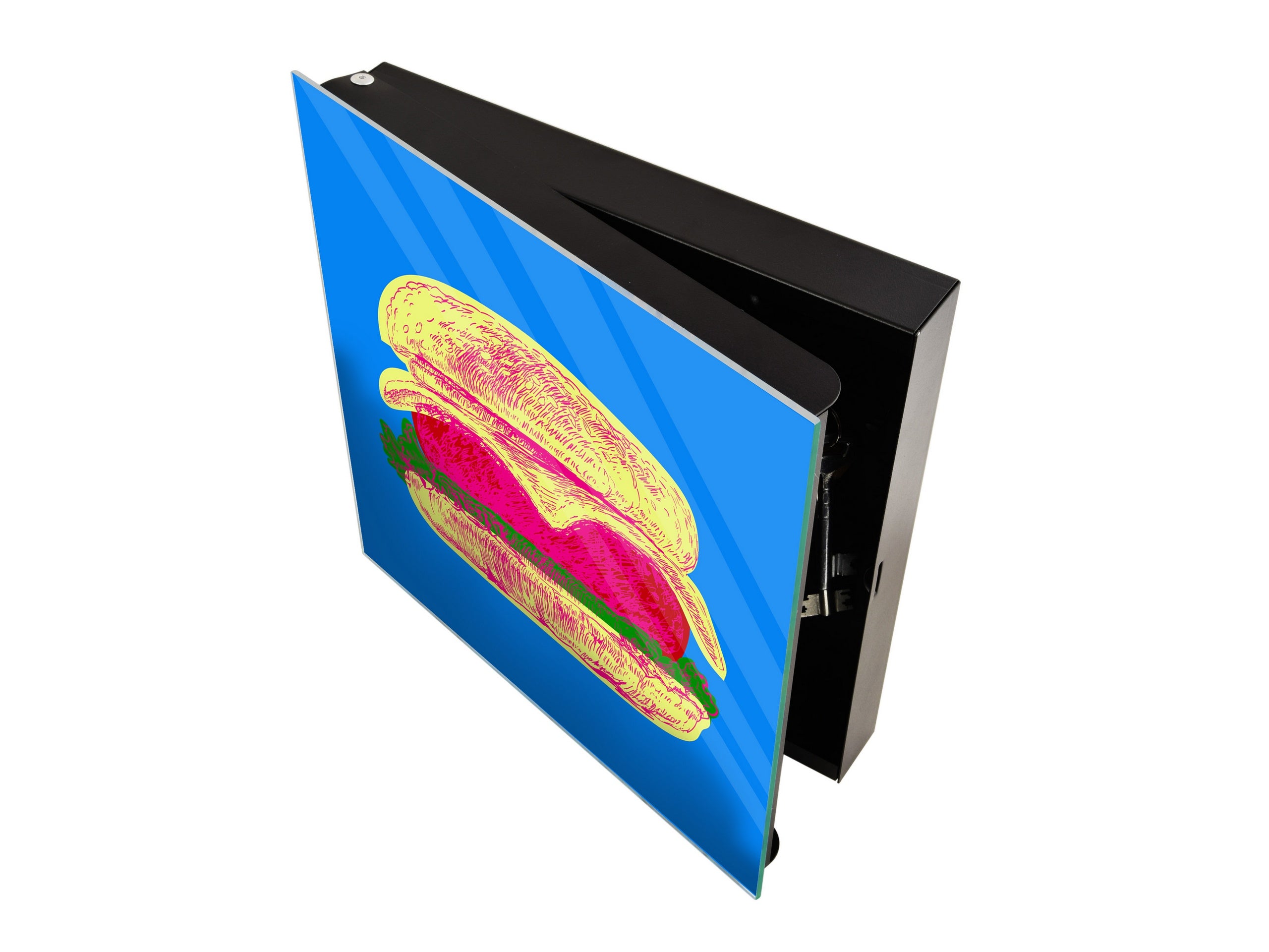 Key Storage Box with Magnetic Glass Whiteboard – Sleek Wall-Mounted Organizer – Magnetic Dry-Erase Key Holder – Decorative Key Organizer for Entryways & Offices – KN24 Pop Art Series : Pop Art Burger 2