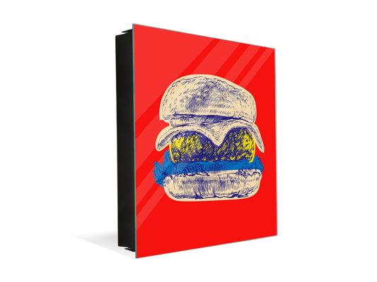 Key Storage Box with Magnetic Glass Whiteboard – Sleek Wall-Mounted Organizer – Magnetic Dry-Erase Key Holder – Decorative Key Organizer for Entryways & Offices – KN24 Pop Art Series : Pop Art Burger 3