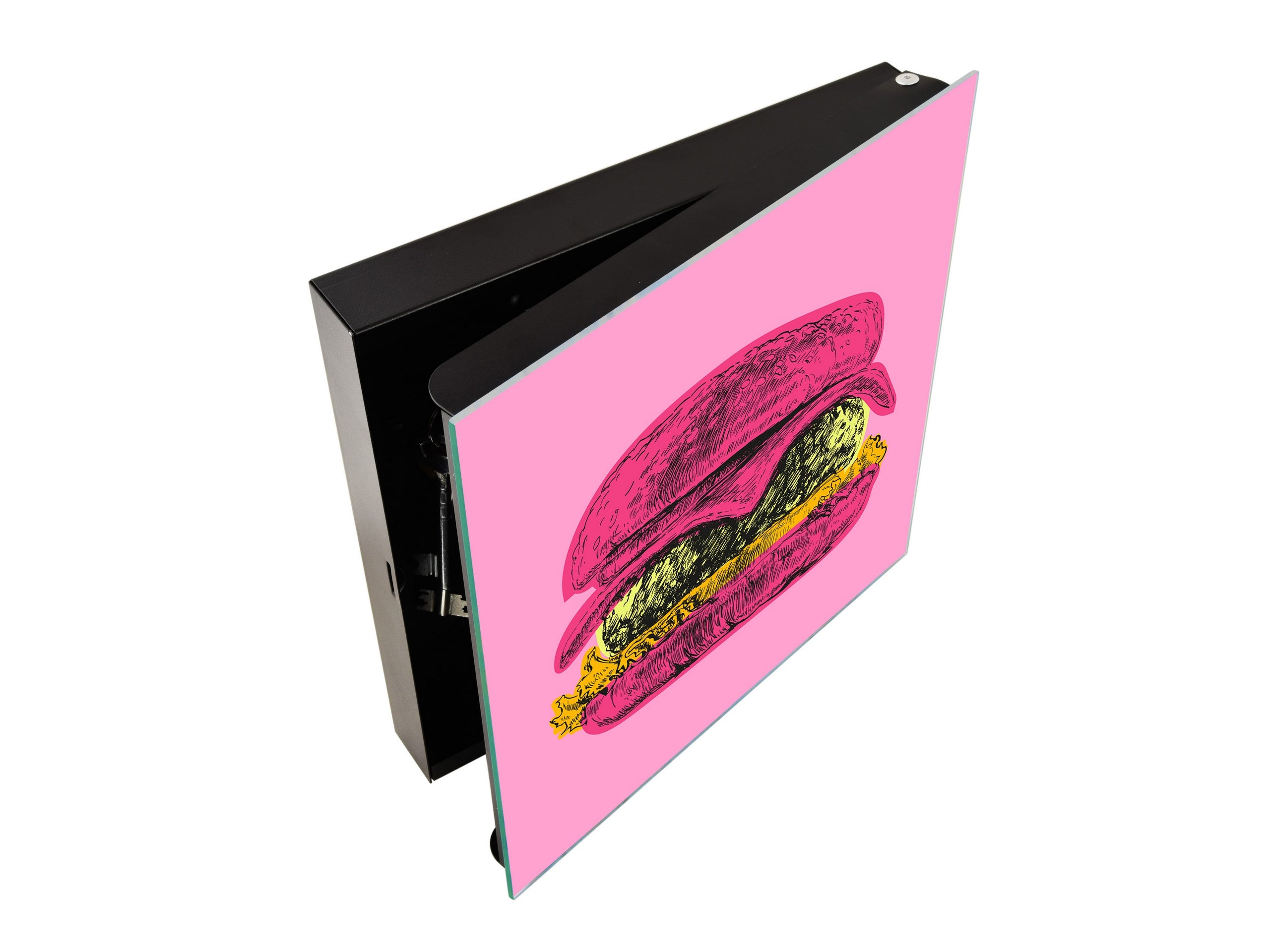 Key Storage Box with Magnetic Glass Whiteboard – Sleek Wall-Mounted Organizer – Magnetic Dry-Erase Key Holder – Decorative Key Organizer for Entryways & Offices – KN24 Pop Art Series : Pop Art Burger 6