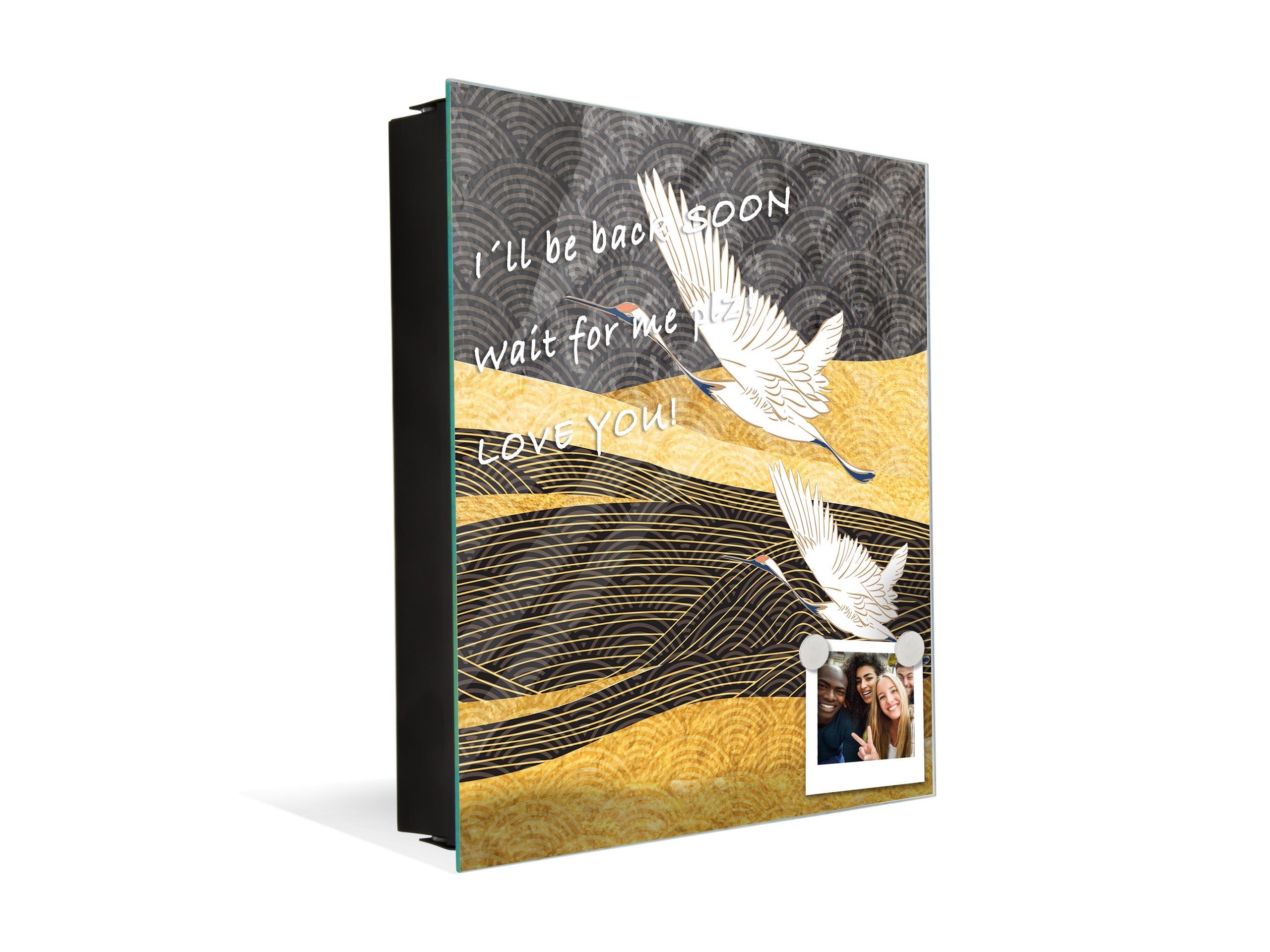 Decorative Key Box with Magnetic Glass Whiteboard – Stylish Home Organizer –Multi-Functional Key Cabinet with Glass Markerboard – Wall Organizer for Home & Office - KN23 Abstract Concepts Series 2 : Japanese Crane Birds