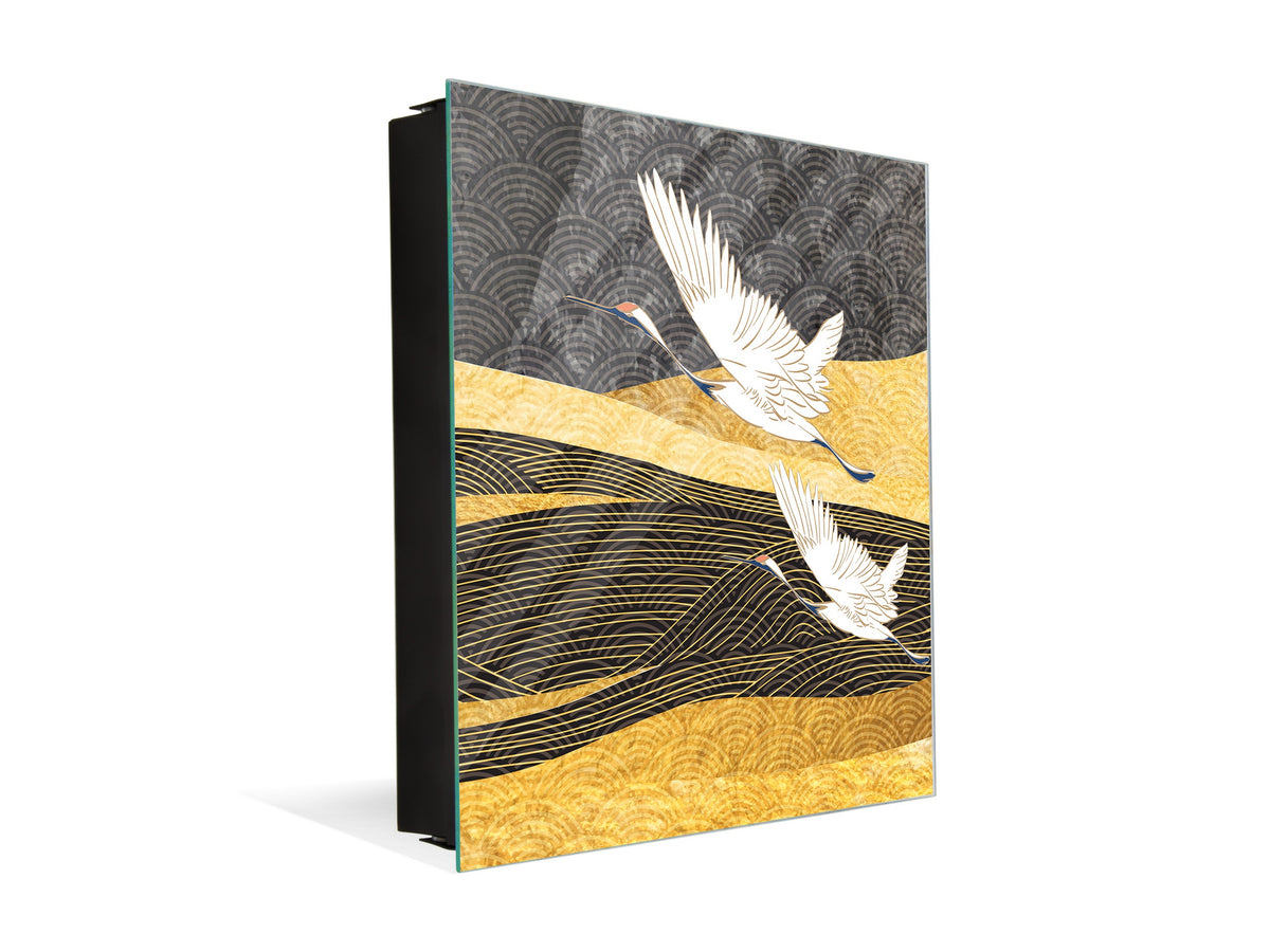 Decorative Key Box with Magnetic Glass Whiteboard – Stylish Home Organizer –Multi-Functional Key Cabinet with Glass Markerboard – Wall Organizer for Home & Office - KN23 Abstract Concepts Series 2 : Japanese Crane Birds