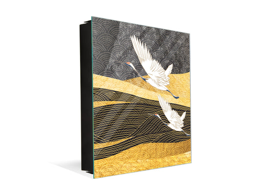 Decorative Key Box with Magnetic Glass Whiteboard – Stylish Home Organizer –Multi-Functional Key Cabinet with Glass Markerboard – Wall Organizer for Home & Office - KN23 Abstract Concepts Series 2 : Japanese Crane Birds