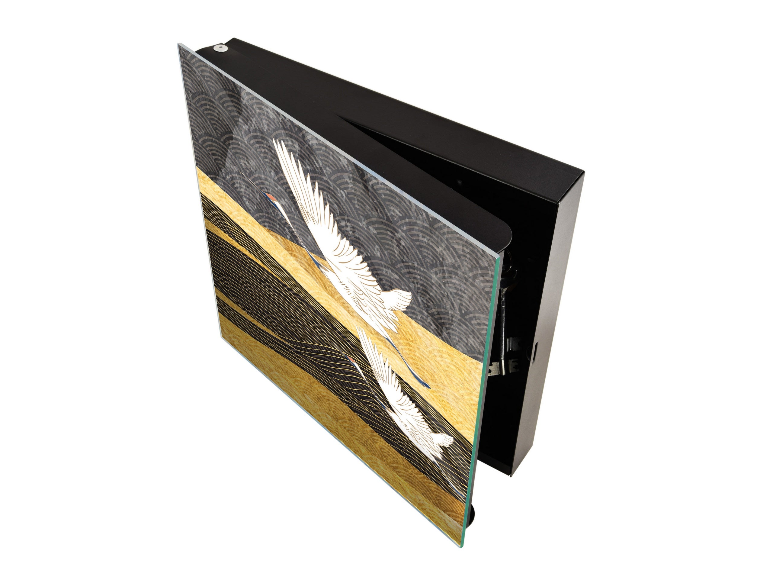 Decorative Key Box with Magnetic Glass Whiteboard – Stylish Home Organizer –Multi-Functional Key Cabinet with Glass Markerboard – Wall Organizer for Home & Office - KN23 Abstract Concepts Series 2 : Japanese Crane Birds