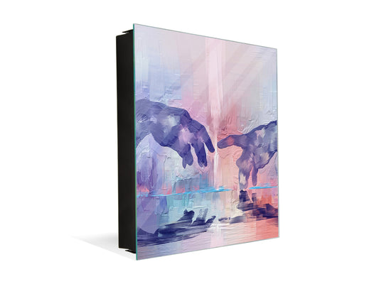 Decorative Key Box with Magnetic Glass Whiteboard – Stylish Home Organizer –Multi-Functional Key Cabinet with Glass Markerboard – Wall Organizer for Home & Office - KN23 Abstract Concepts Series 2 : Hands of Creation