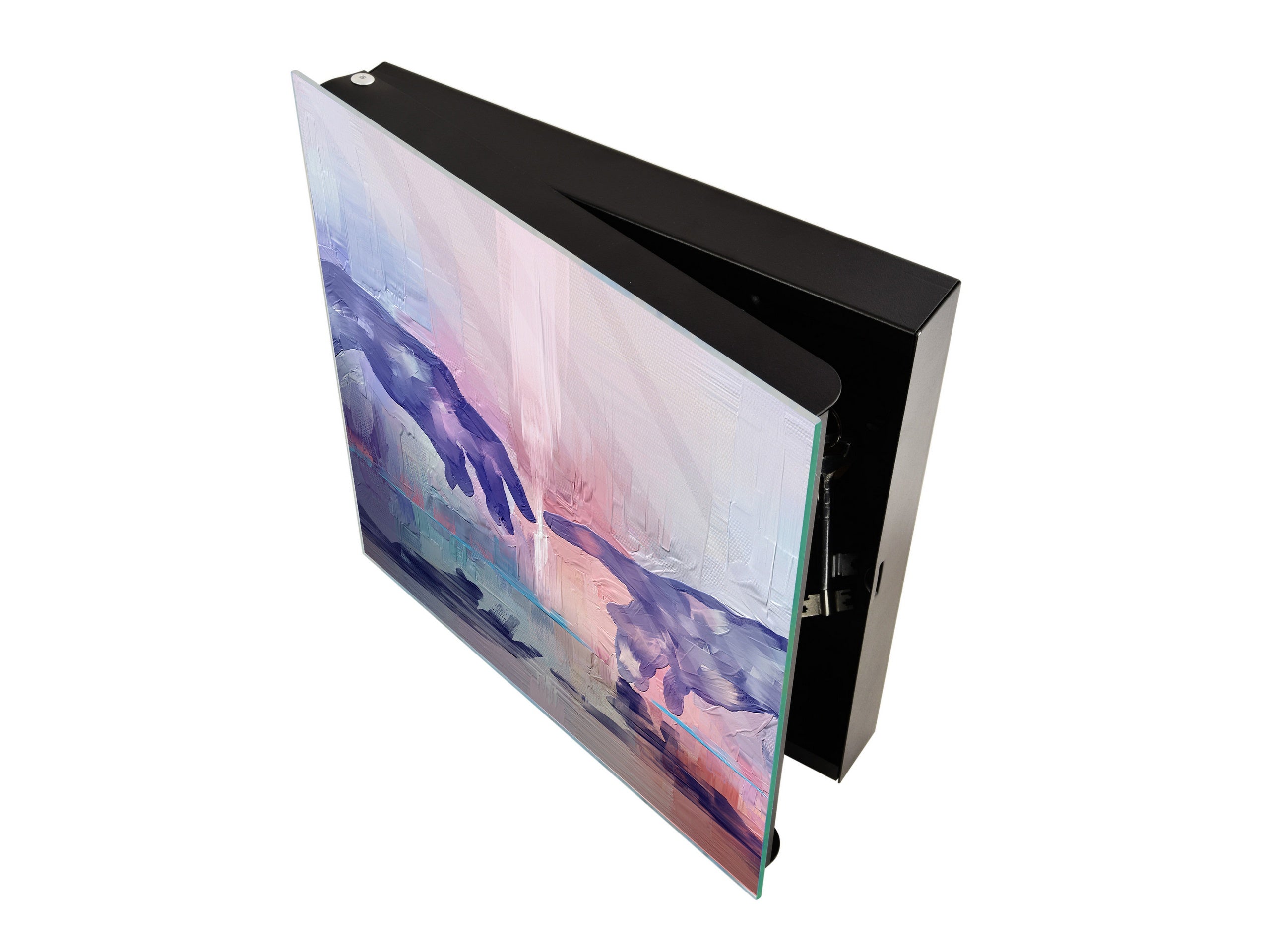 Decorative Key Box with Magnetic Glass Whiteboard – Stylish Home Organizer –Multi-Functional Key Cabinet with Glass Markerboard – Wall Organizer for Home & Office - KN23 Abstract Concepts Series 2 : Hands of Creation
