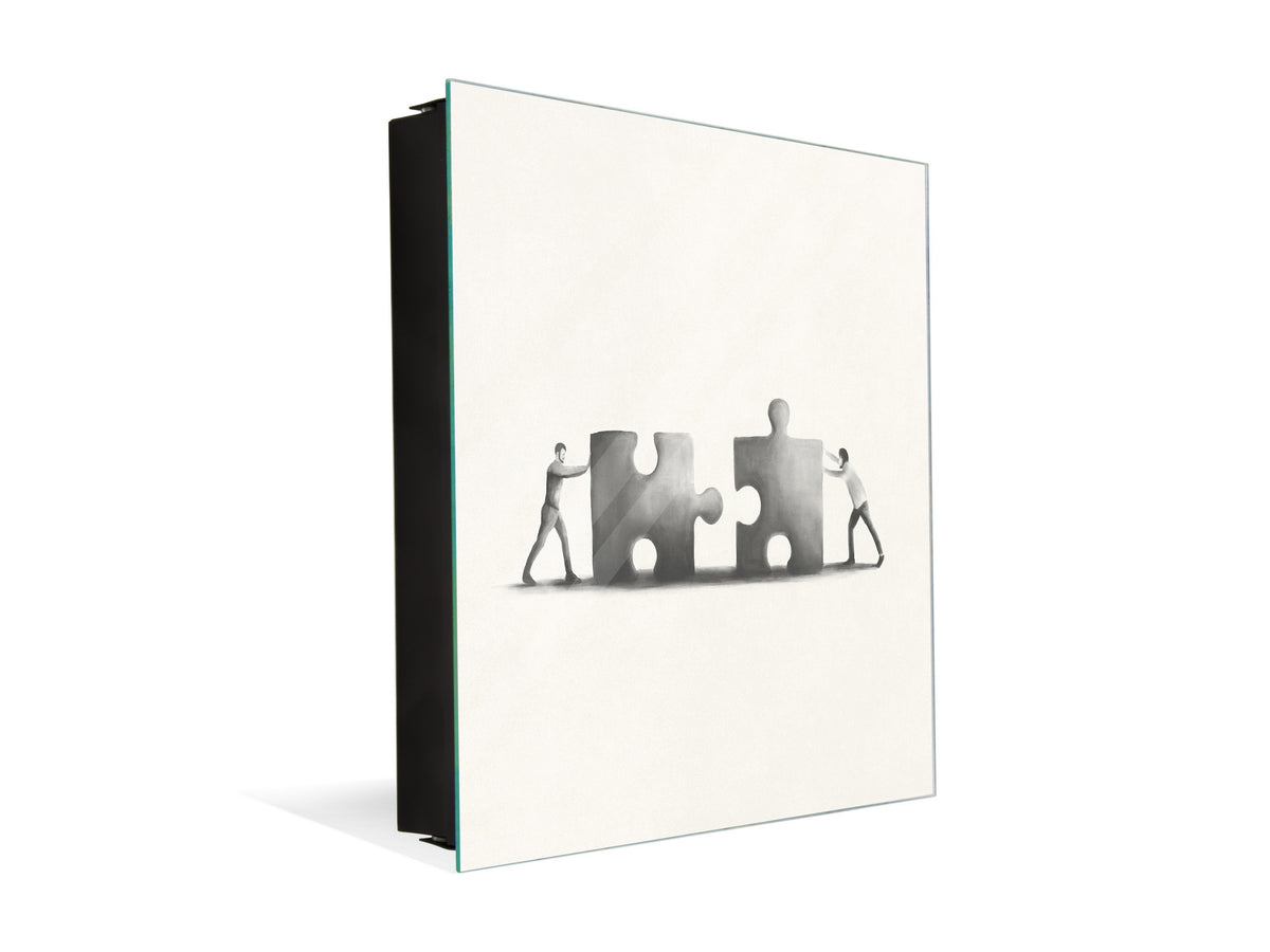 Decorative Key Box with Magnetic Glass Memo Board - Tempered Glass Wall Art - KN21 Abstract Concepts Series 1 : Teamwork Puzzles