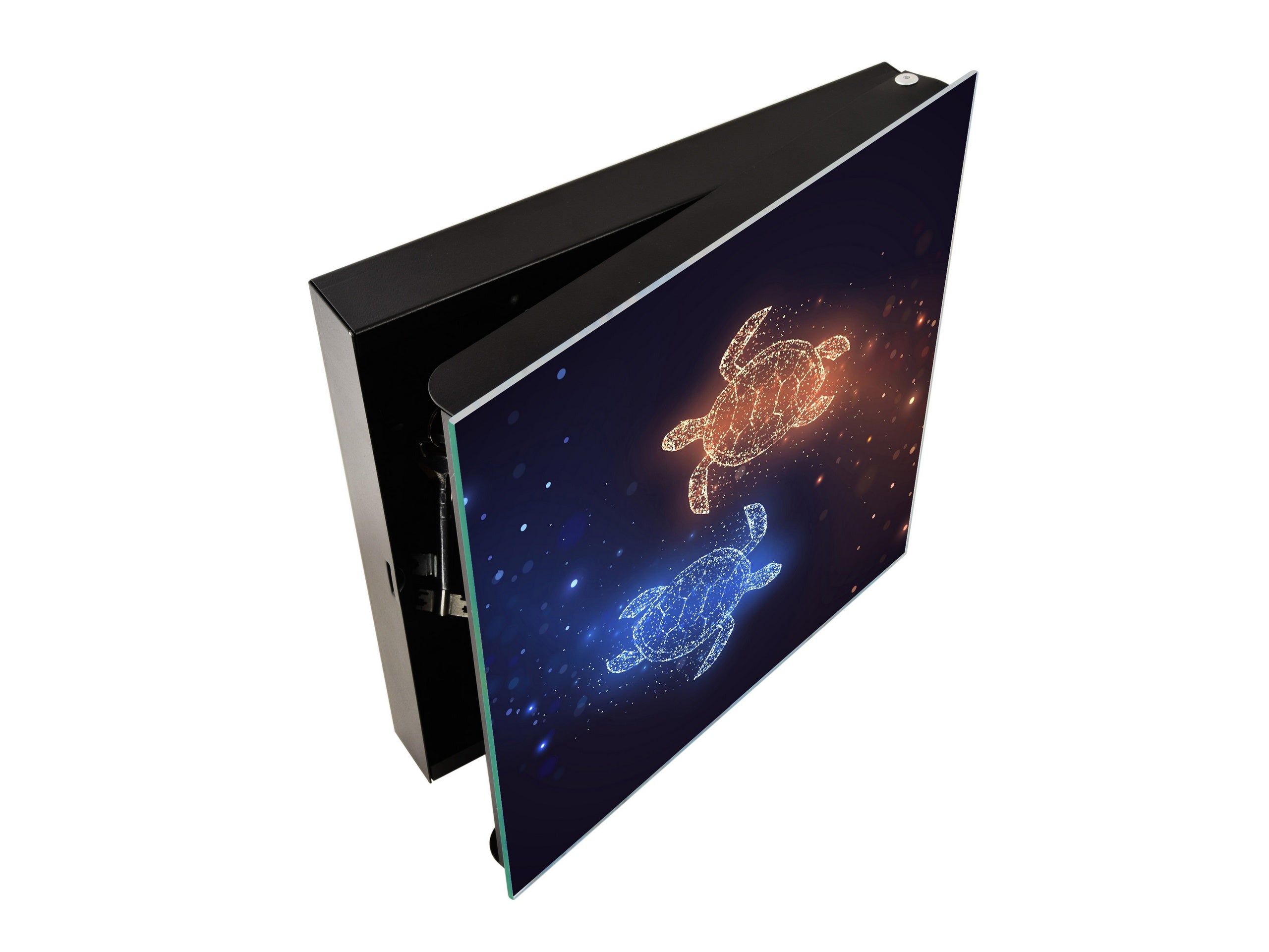 Key Cabinet with Glass Dry-Erase Board – Elegant Key Storage for Home, Office & Airbnb – Magnetic Glass Whiteboard & Key Holder – KN22 Modern Art Series : Neon Turtles