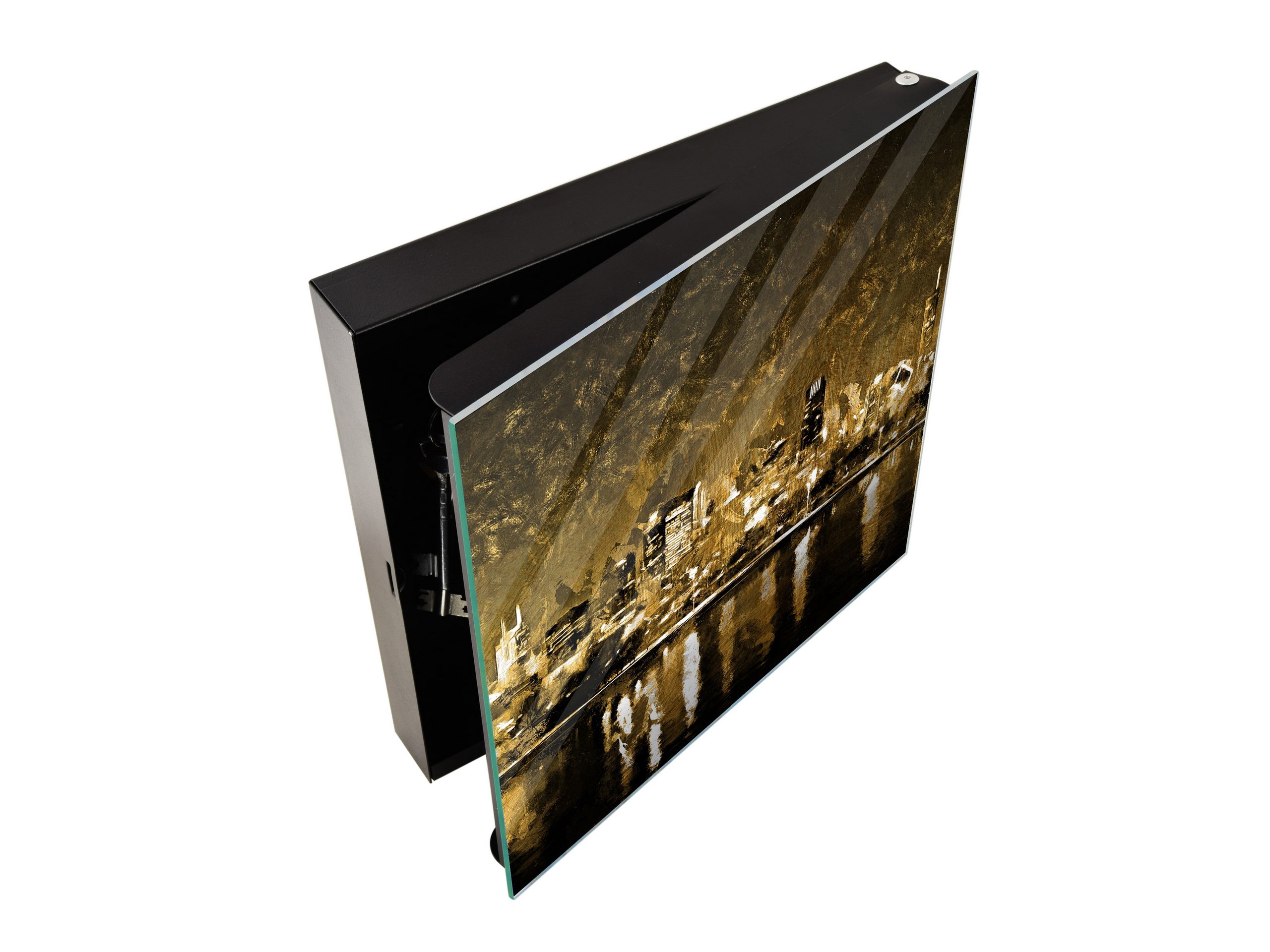 Decorative Key Box with Magnetic Glass Whiteboard – Stylish Home Organizer –Multi-Functional Key Cabinet with Glass Markerboard – Wall Organizer for Home & Office - KN23 Abstract Concepts Series 2 : Golden City Landscape