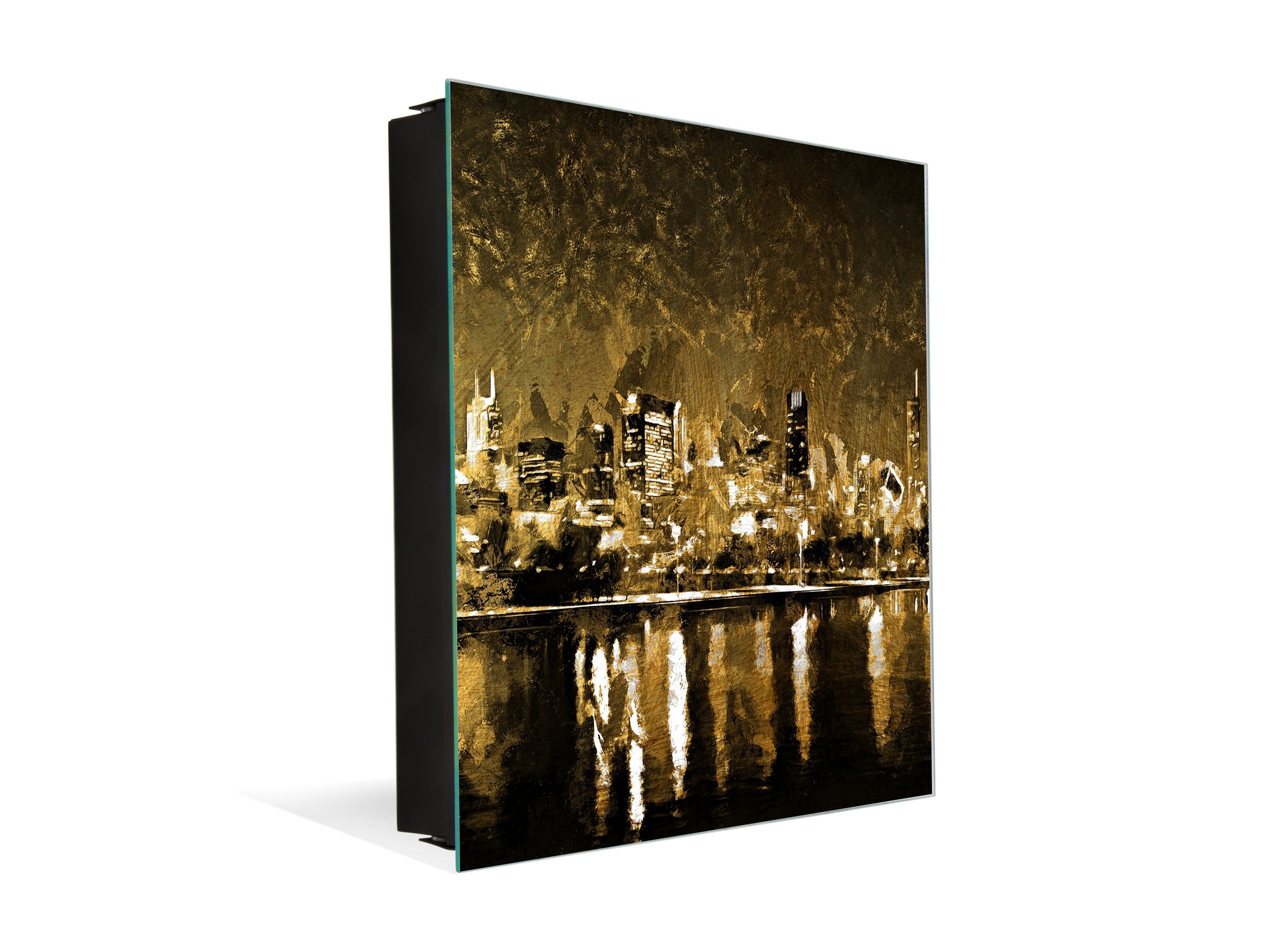 Decorative Key Box with Magnetic Glass Whiteboard – Stylish Home Organizer –Multi-Functional Key Cabinet with Glass Markerboard – Wall Organizer for Home & Office - KN23 Abstract Concepts Series 2 : Golden City Landscape