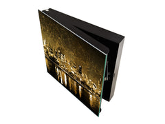 Decorative Key Box with Magnetic Glass Whiteboard – Stylish Home Organizer –Multi-Functional Key Cabinet with Glass Markerboard – Wall Organizer for Home & Office - KN23 Abstract Concepts Series 2 : Golden City Landscape