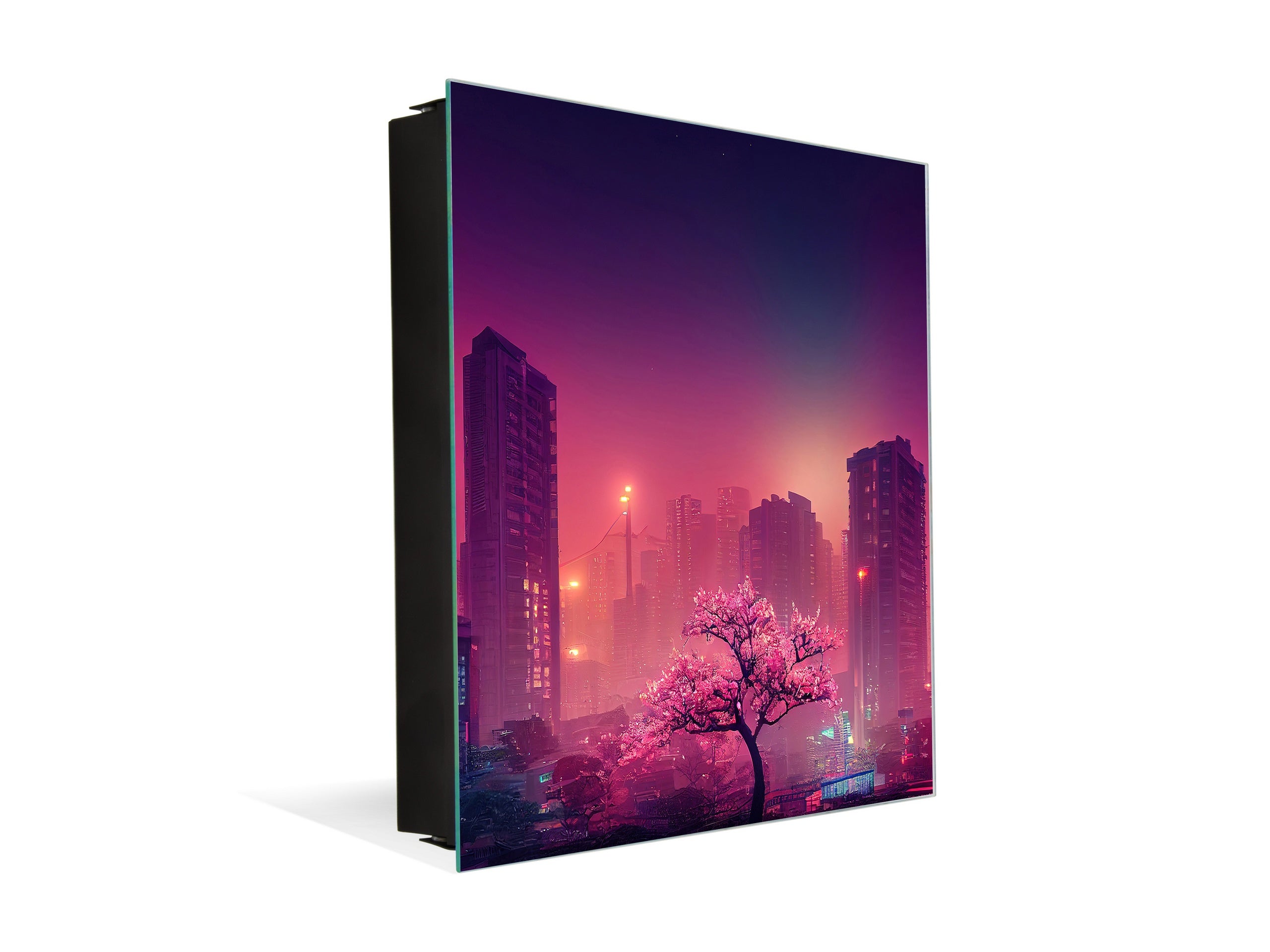 Key Cabinet with Glass Dry-Erase Board – Elegant Key Storage for Home, Office & Airbnb – Magnetic Glass Whiteboard & Key Holder – KN22 Modern Art Series : Urban Cherry Tree