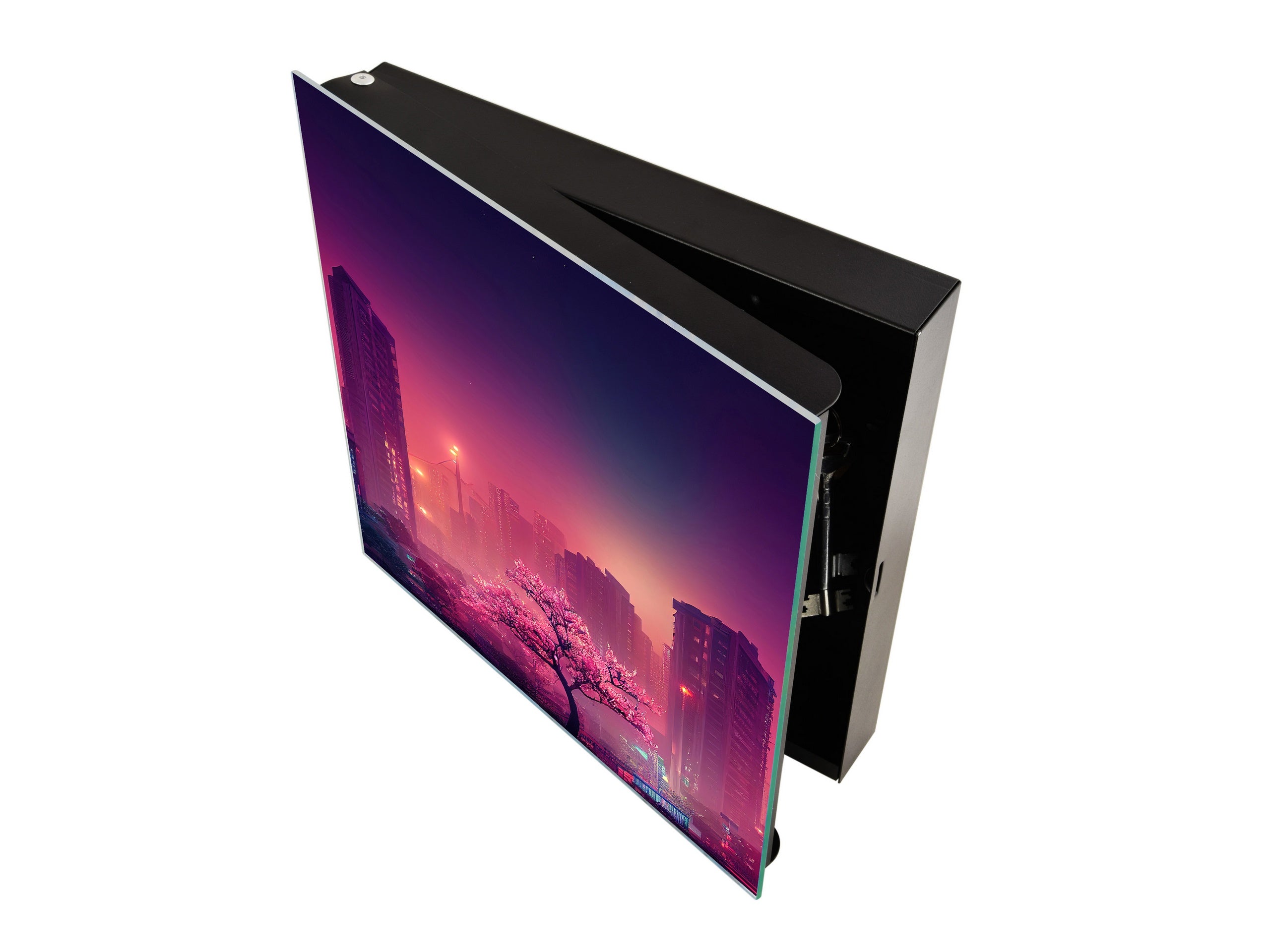 Key Cabinet with Glass Dry-Erase Board – Elegant Key Storage for Home, Office & Airbnb – Magnetic Glass Whiteboard & Key Holder – KN22 Modern Art Series : Urban Cherry Tree