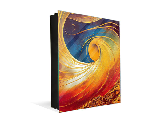 Decorative Key Box with Magnetic Glass Whiteboard – Stylish Home Organizer –Multi-Functional Key Cabinet with Glass Markerboard – Wall Organizer for Home & Office - KN23 Abstract Concepts Series 2 : Golden Whirlwind