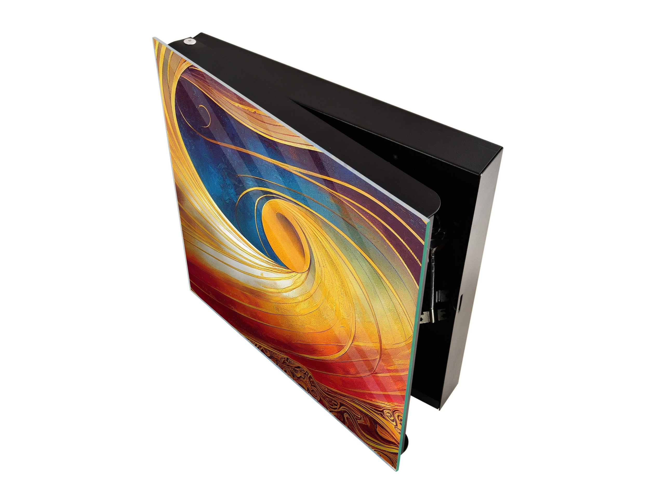 Decorative Key Box with Magnetic Glass Whiteboard – Stylish Home Organizer –Multi-Functional Key Cabinet with Glass Markerboard – Wall Organizer for Home & Office - KN23 Abstract Concepts Series 2 : Golden Whirlwind