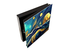 Decorative Key Box with Magnetic Glass Whiteboard – Stylish Home Organizer –Multi-Functional Key Cabinet with Glass Markerboard – Wall Organizer for Home & Office - KN23 Abstract Concepts Series 2 : Moonlit Ocean