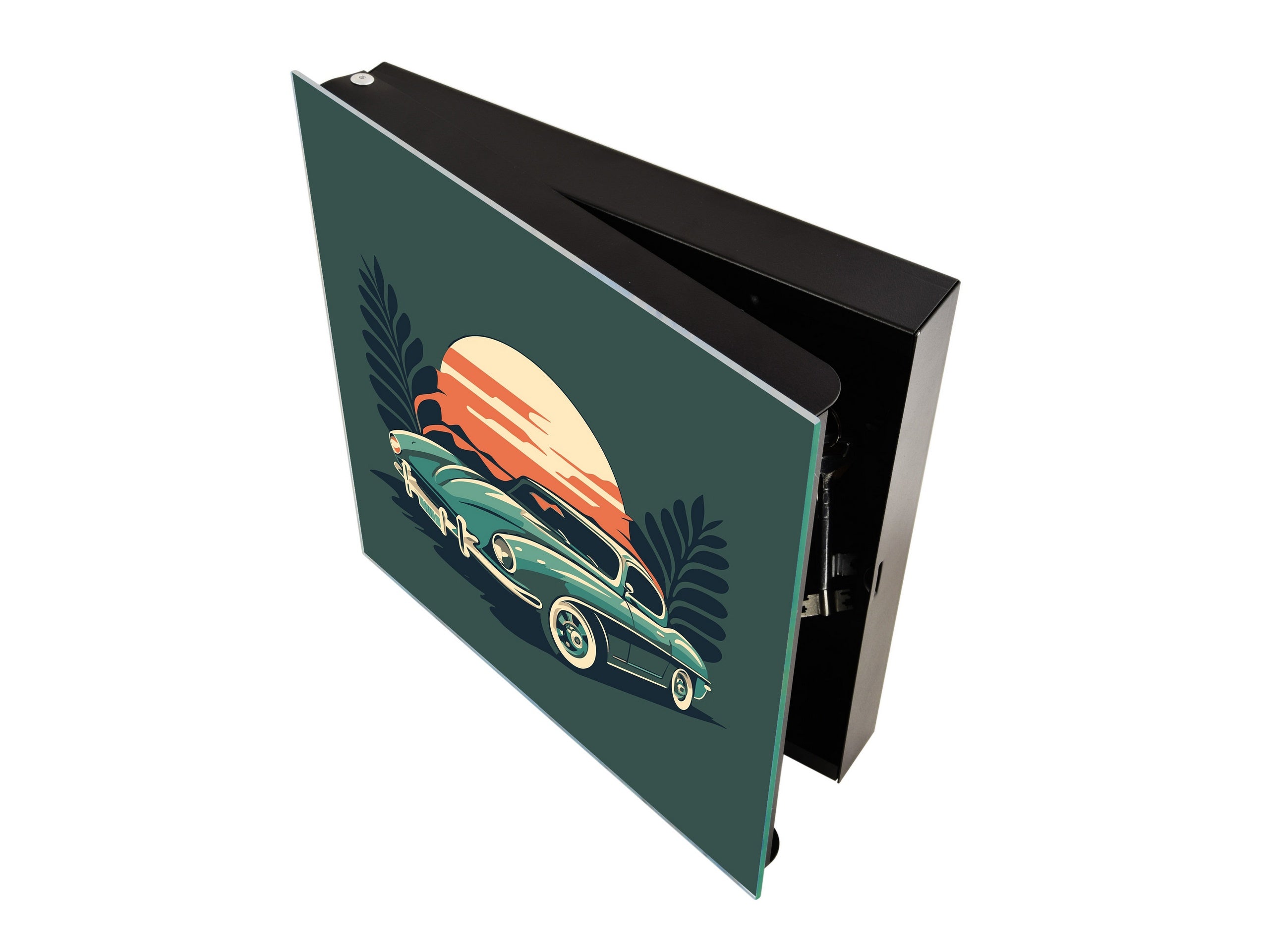 Key Cabinet with Glass Dry-Erase Board – Elegant Key Storage for Home, Office & Airbnb – Magnetic Glass Whiteboard & Key Holder – KN22 Modern Art Series : Minimalist Oldschool Car