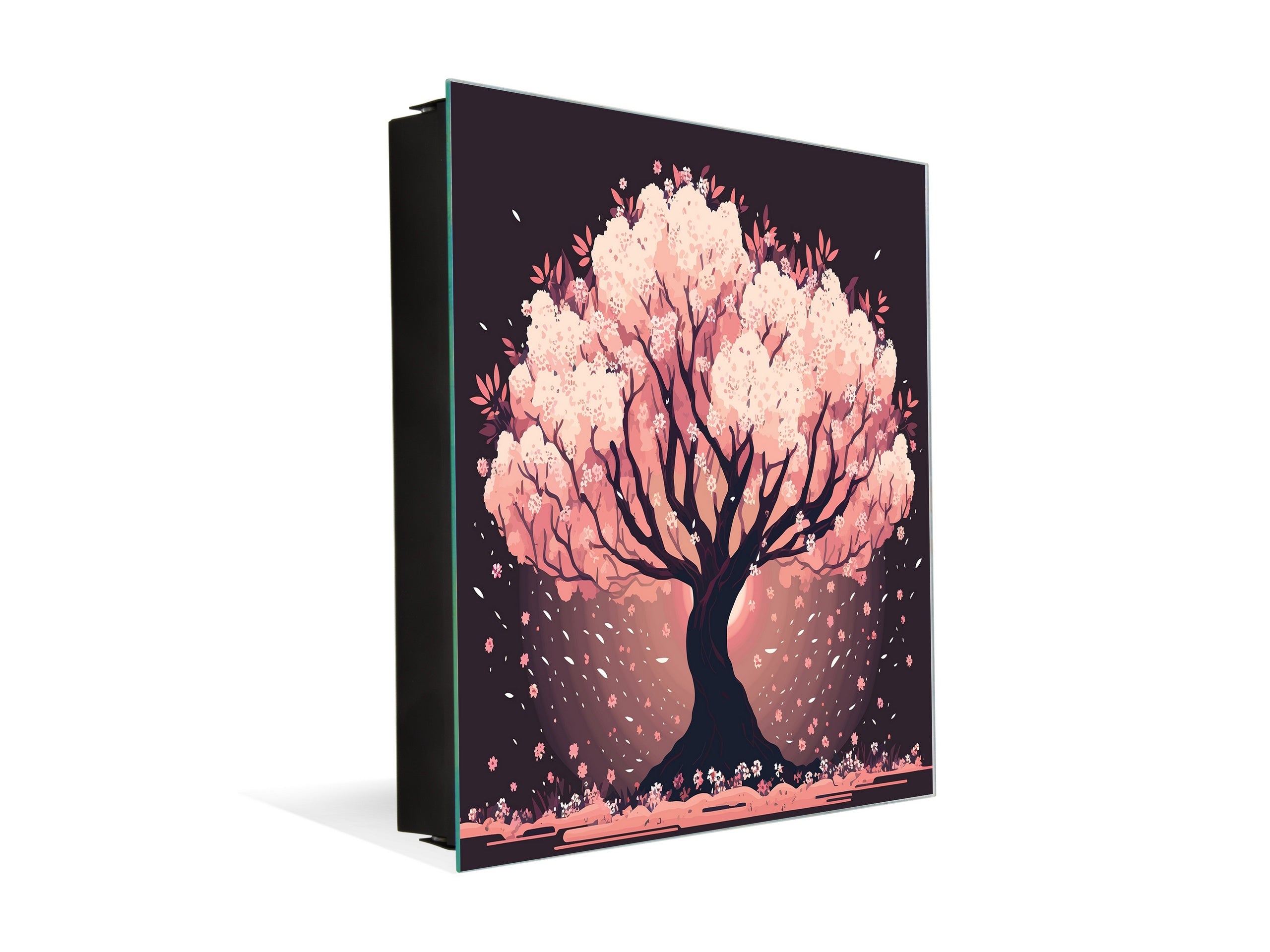 Key Cabinet with Glass Dry-Erase Board – Elegant Key Storage for Home, Office & Airbnb – Magnetic Glass Whiteboard & Key Holder – KN22 Modern Art Series : Japanese Sakura Tree