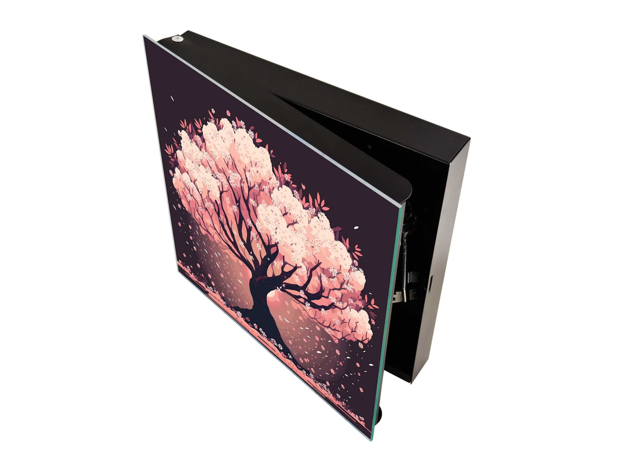 Key Cabinet with Glass Dry-Erase Board – Elegant Key Storage for Home, Office & Airbnb – Magnetic Glass Whiteboard & Key Holder – KN22 Modern Art Series : Japanese Sakura Tree