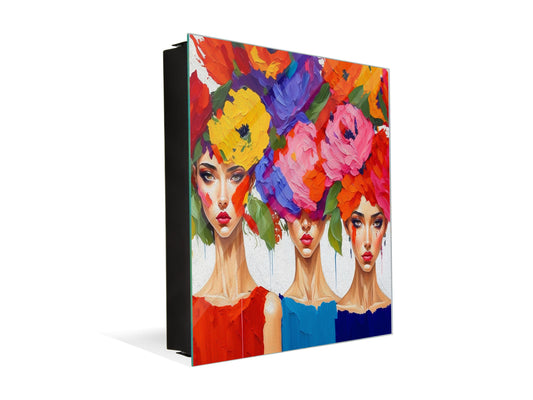 Wall-Mounted Key Storage and Decorative Dry-Erase Board Combo - KN20 Colorful Illustrations Series :  Flower Faces