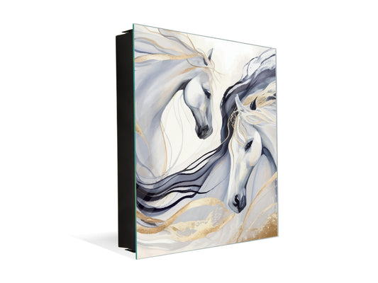 Decorative Key Box with Magnetic Glass Whiteboard – Stylish Home Organizer –Multi-Functional Key Cabinet with Glass Markerboard – Wall Organizer for Home & Office - KN23 Abstract Concepts Series 2 : Dance of Horses
