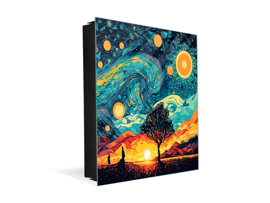 Wall-Mounted Key Storage and Decorative Dry-Erase Board Combo - KN20 Colorful Illustrations Series :  Geometic Sunrise