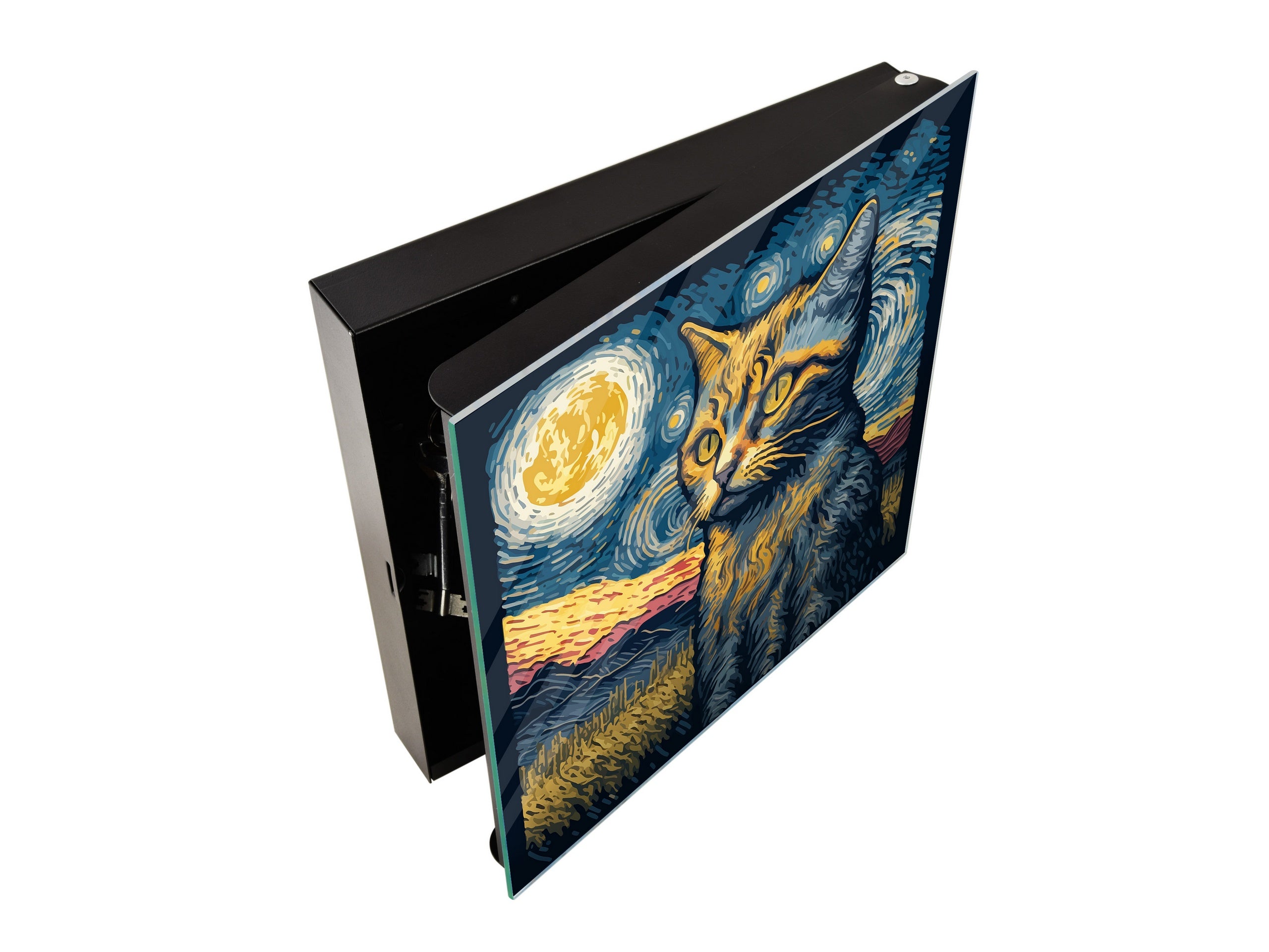 Decorative Key Box with Magnetic Glass Memo Board - Tempered Glass Wall Art - KN21 Abstract Concepts Series 1 : Van Gogh's Cat