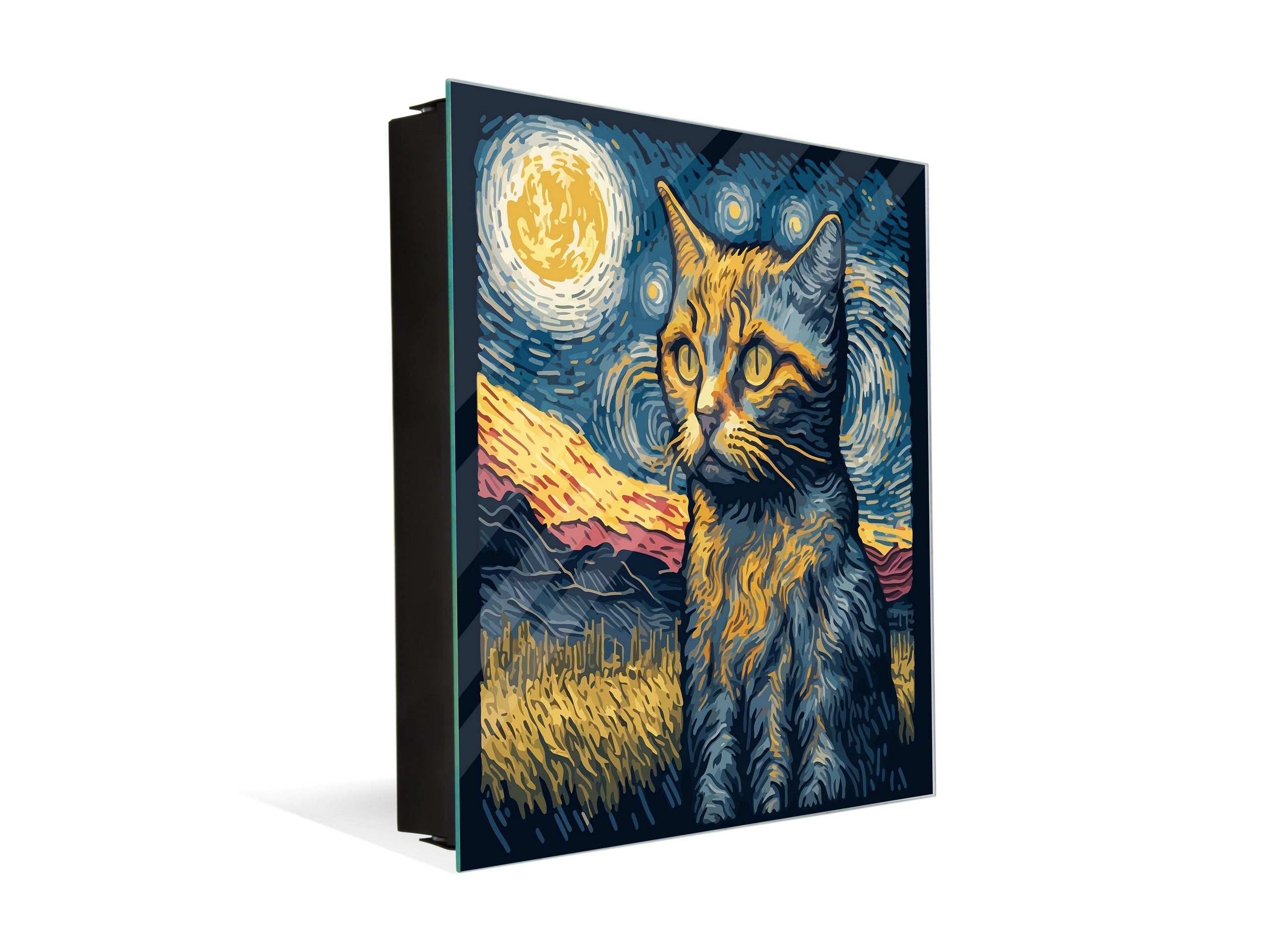Decorative Key Box with Magnetic Glass Memo Board - Tempered Glass Wall Art - KN21 Abstract Concepts Series 1 : Van Gogh's Cat