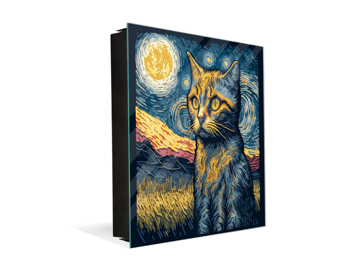 Decorative Key Box with Magnetic Glass Memo Board - Tempered Glass Wall Art - KN21 Abstract Concepts Series 1 : Van Gogh's Cat