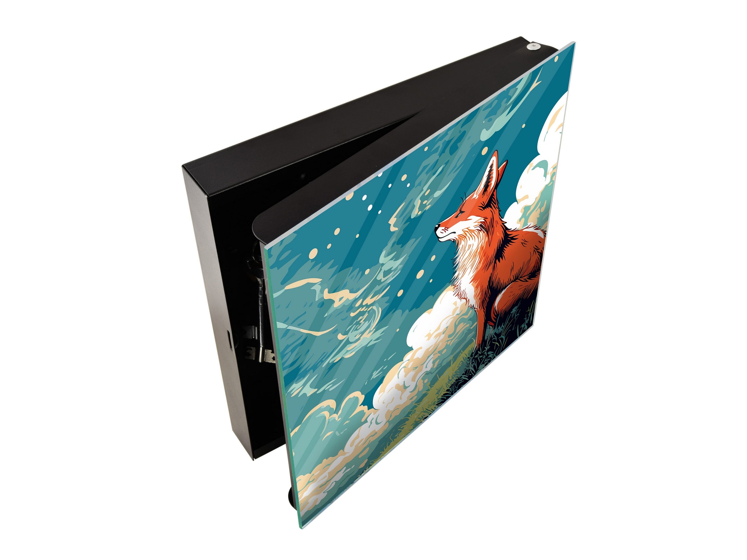 Key Cabinet with Glass Dry-Erase Board – Elegant Key Storage for Home, Office & Airbnb – Magnetic Glass Whiteboard & Key Holder – KN22 Modern Art Series : Cartoon Fox