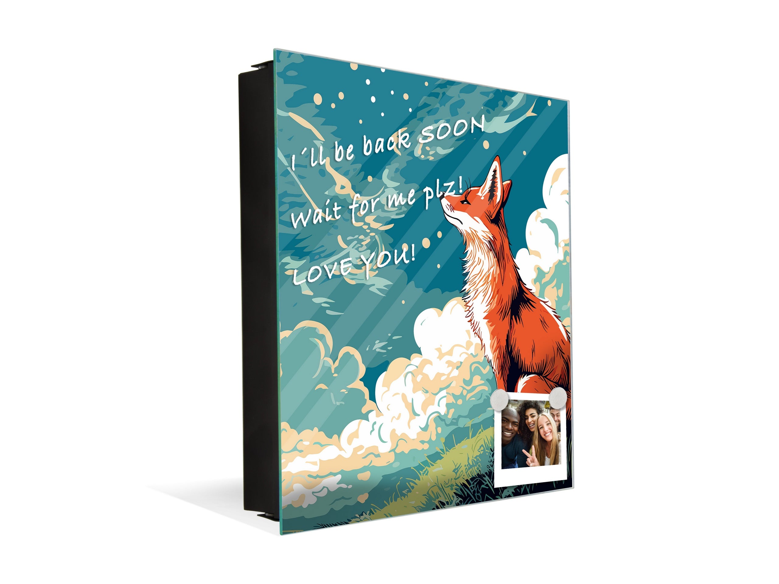 Key Cabinet with Glass Dry-Erase Board – Elegant Key Storage for Home, Office & Airbnb – Magnetic Glass Whiteboard & Key Holder – KN22 Modern Art Series : Cartoon Fox