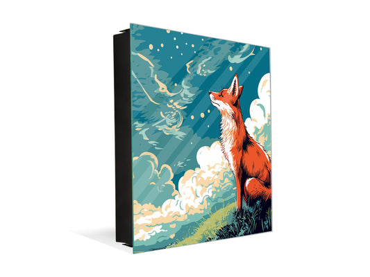 Key Cabinet with Glass Dry-Erase Board – Elegant Key Storage for Home, Office & Airbnb – Magnetic Glass Whiteboard & Key Holder – KN22 Modern Art Series : Cartoon Fox