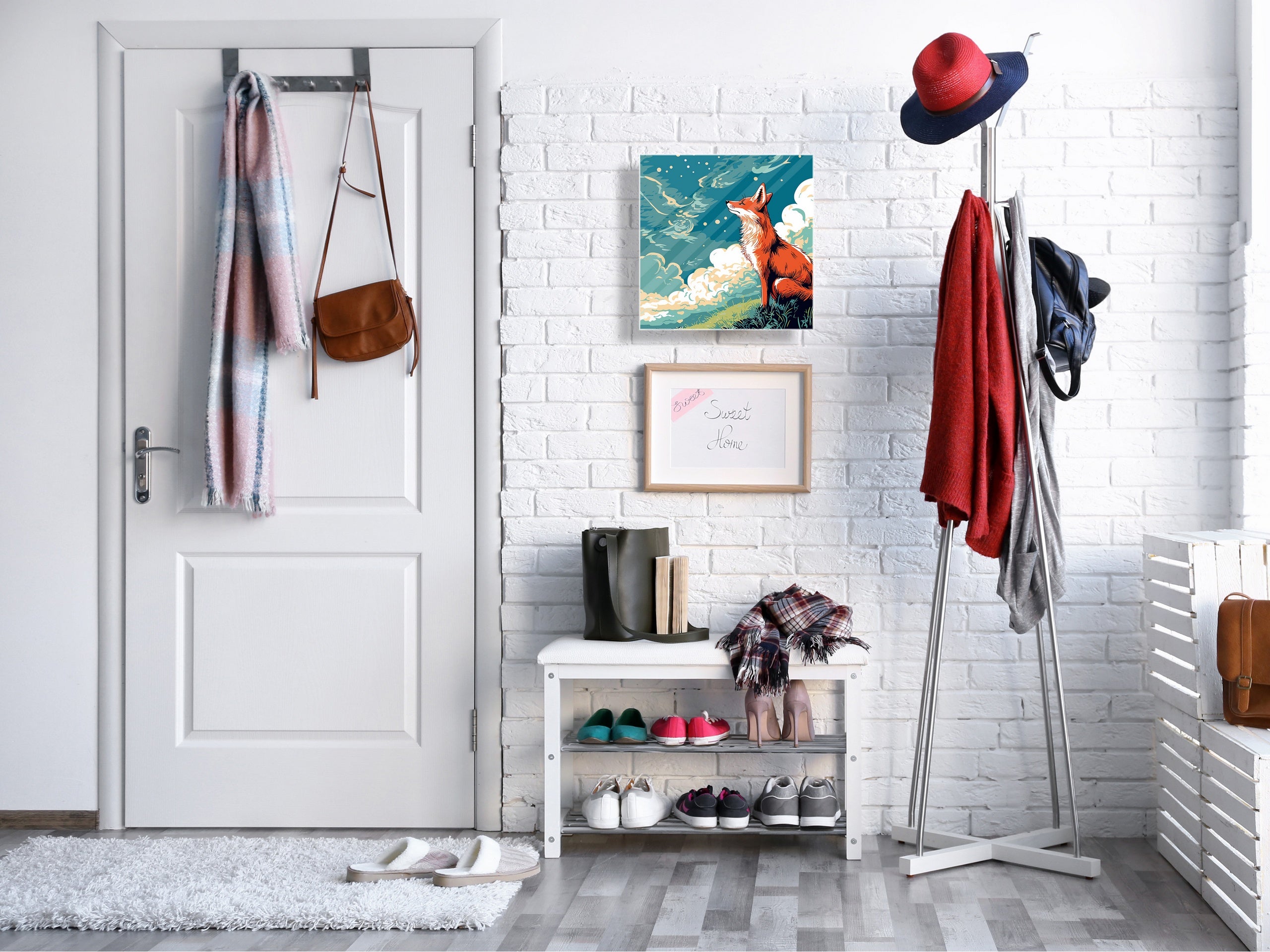 Key Cabinet with Glass Dry-Erase Board – Elegant Key Storage for Home, Office & Airbnb – Magnetic Glass Whiteboard & Key Holder – KN22 Modern Art Series : Cartoon Fox