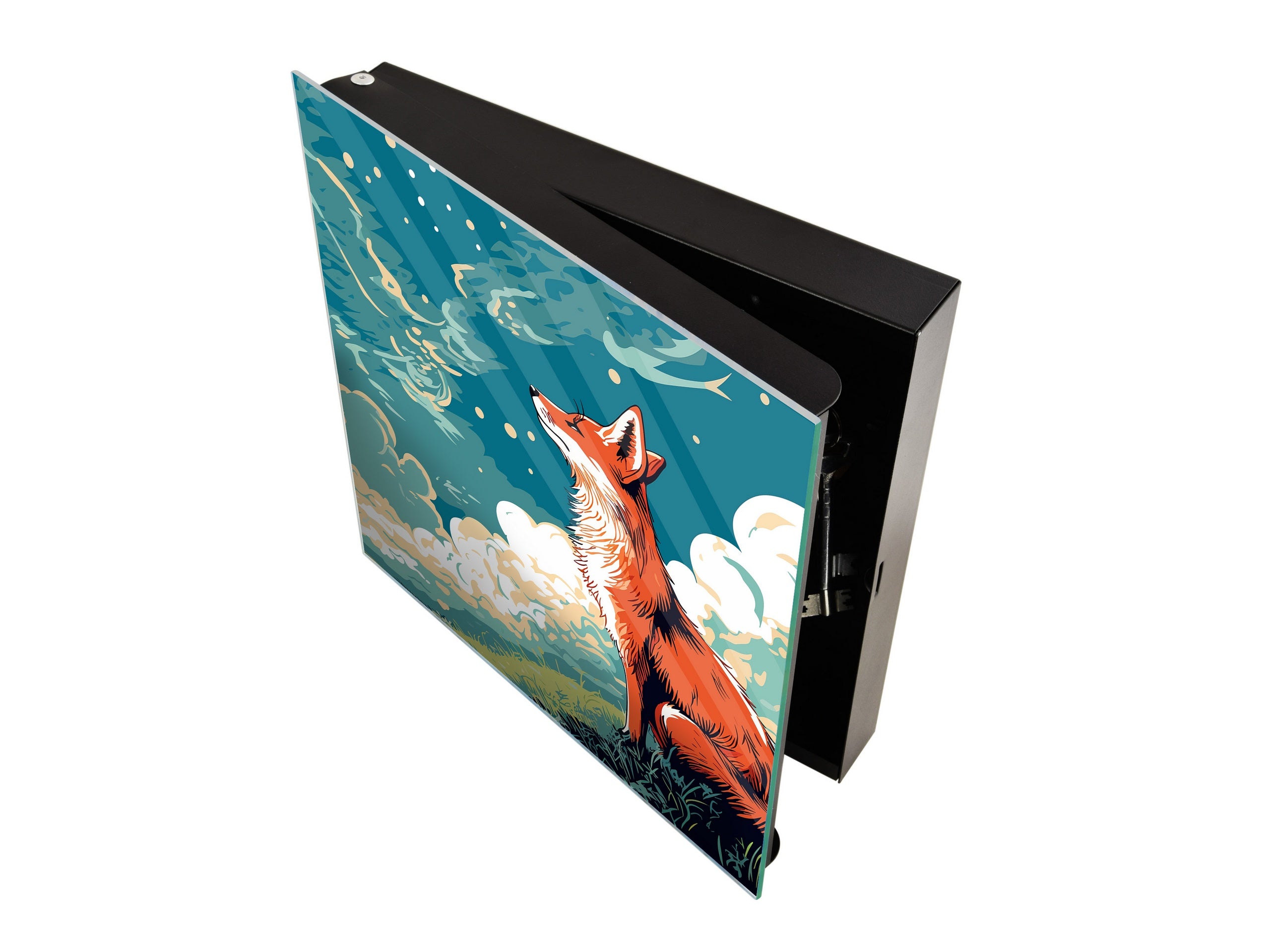 Key Cabinet with Glass Dry-Erase Board – Elegant Key Storage for Home, Office & Airbnb – Magnetic Glass Whiteboard & Key Holder – KN22 Modern Art Series : Cartoon Fox