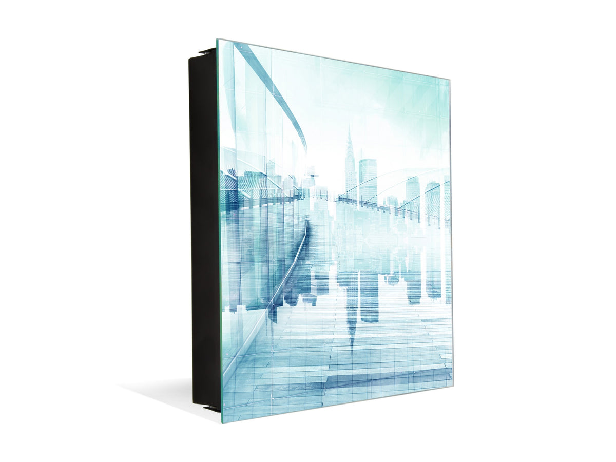 Wall Mounted Key Holder and Magnetic Dry-Erase Glass Board KN19  Miscellaneous Series : Abstract cityscape 1