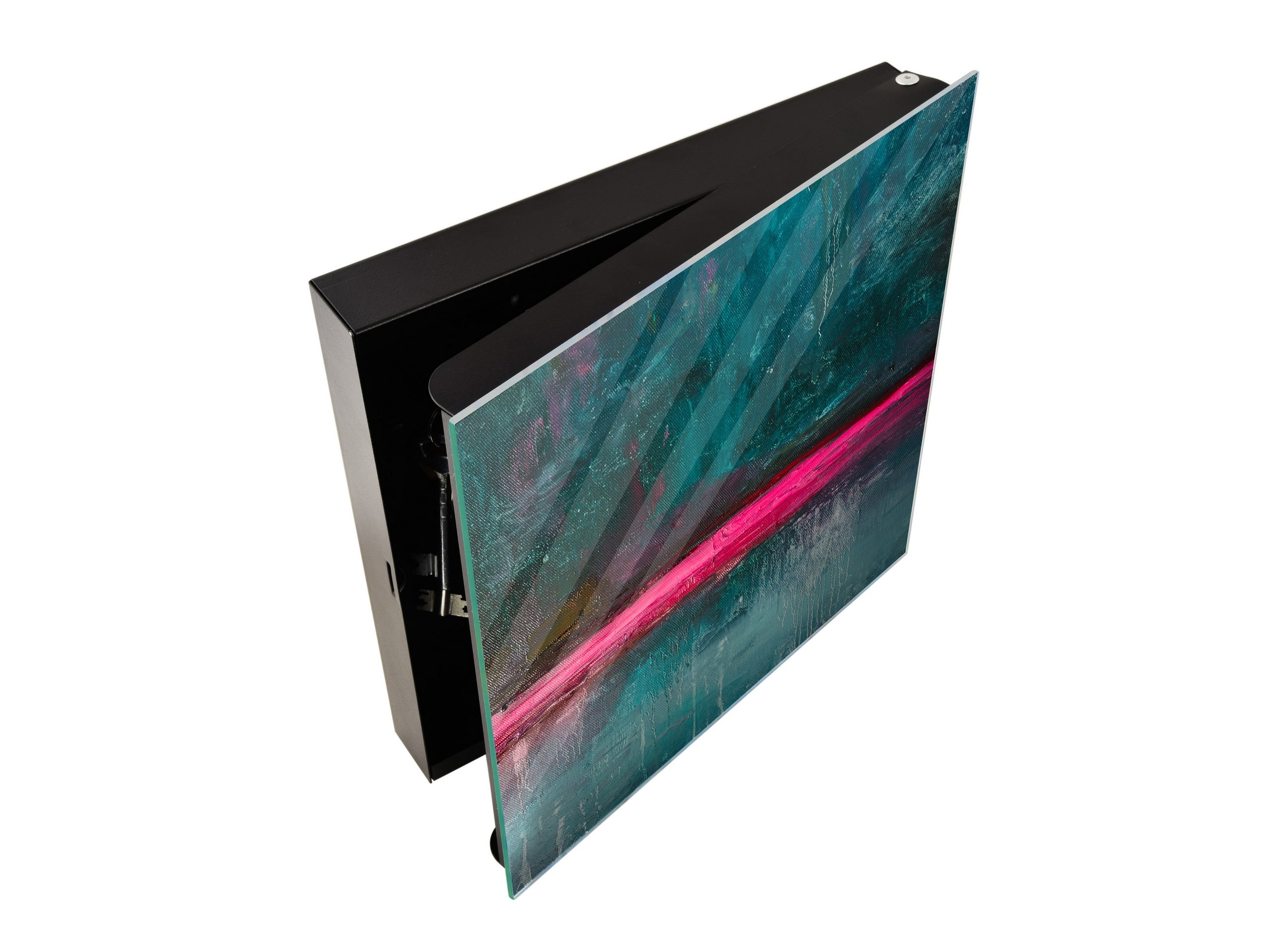 Key Cabinet with Glass Dry-Erase Board – Elegant Key Storage for Home, Office & Airbnb – Magnetic Glass Whiteboard & Key Holder – KN22 Modern Art Series : Neon Night