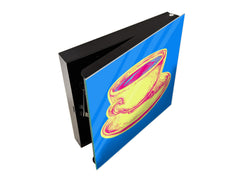 Key Storage Box with Magnetic Glass Whiteboard – Sleek Wall-Mounted Organizer – Magnetic Dry-Erase Key Holder – Decorative Key Organizer for Entryways & Offices – KN24 Pop Art Series : Pop Art Cup of Coffee 2